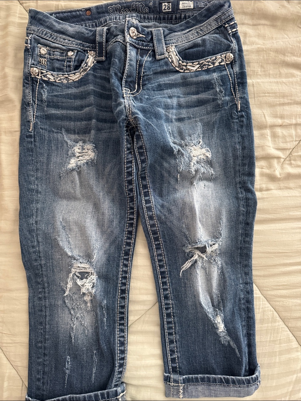 Miss Me Distressed Blue Boyfriend Signature Cropped Capris